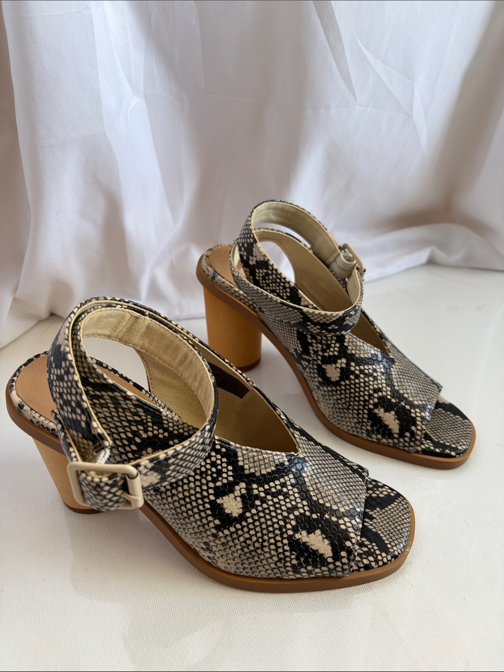 Band of Gypsies Vista Snake-Print Block Heel Sandals in Black & Cream